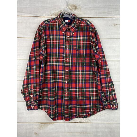 Vtg Tommy Hilfiger Shirt Mens L Red Plaid Flannel Long Sleeve Button Up Collared - Picture 1 of 13